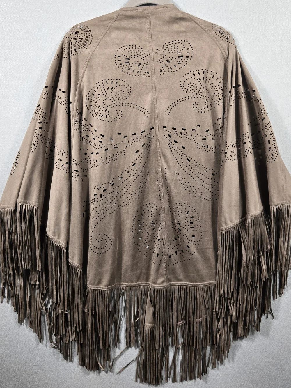 Insight Taupe Faux Suede Laser-Cut Fringe Poncho